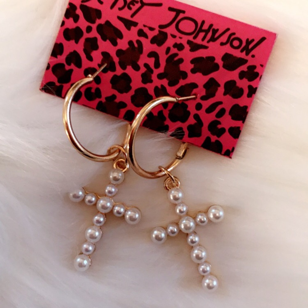 Pearl Cross Dangle Hoops